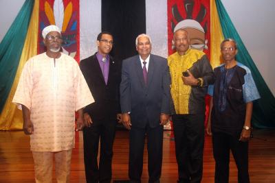 L-R: Mr. Aiyegoro Ome, Chairman of the Trinidad and Tobago National Commission on Reparations, The Honourable Rodger Samuel, Trinidad and Tobago’s Minister of the National Diversity and Social Integration, The Honourable Winston Dookeran, Trinidad and Tobago’s Minister of Foreign Affairs, Professor Sir Hilary Beckles, Vice-Chancellor of The UWI and Chairman of the CARICOM Reparations Commission and H.E. Sir Edwin Carrington, Trinidad & Tobago Ambassador to CARICOM.