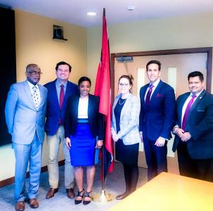From left: Mr. De Lara Mac Clure Taylor (Crown Counsel from St Kitts and Nevis), Mr. Rodrigo Silva (OAS Secretariat), Stacy Martinez (Crown Counsel from Belize) Alexsa Mac Kenzie (OAS Secretariat), the Attorney General and Minister of Legal Affairs, the Honourable Faris Al-Rawi and Director, ILHRU Ian Rampersad.