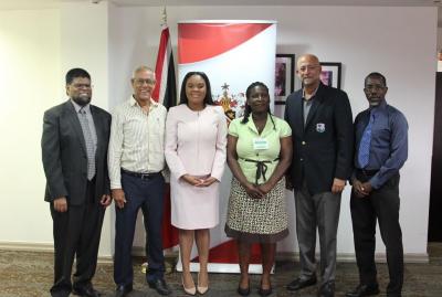 From left: Farook Hosein, Permanent Secretary – Ministry of Sport and Youth Affairs; Douglas Camacho, Chairman – SporTT; the Honourable Shamfa Cudjoe Minister of Sport and Youth Affairs; Gertrude Ann Brown-John, 1st Vice President – Women’s Cricket Association; Ricky Skerritt, President – Cricket West Indies; Patrice Charles, Director of Physical Education and Sport – Ministry of Sport and Youth Affairs