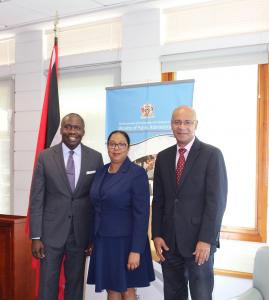 Caption: Minister of Public Administration and Communications, the Honourable Maxie Cuffie (left) received a courtesy call from the SG (Ag), Caribbean Association of National Telecommunications Organisations (CANTO), Ms Teresa Wankin and the Chairman, CANTO, Mr. Julian Wilkins at his NALIS Building Office on April 27. (Photo courtesy the Ministry of Public Administration and Communications)