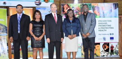 Caption: From left- Mr Indranauth Haralsingh, Director Guyana Tourism Authority; Dr Lisa Indar, Head CARPHA Regional Tourism and Health Programme; Dr C. James Hospedales, Executive Director CARPHA; Dr Karen Cummings, Minister within the Ministry of Public Health; and Dr Shamdeo Persad Chief Medical Officer Ministry of Public Health. (Photo courtesy CARPHA)