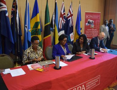 Photo Caption: Members of the panel at the Regional Trade Workshop for Parliamentarians from the Caribbean, Americas and Atlantic Region. (L-R) the Honourable Shirley Osbourne, Speaker of the Montserrat Legislative Assembly & Vice Chairperson of the Commonwealth Parliamentary Association, the Honourable Bridgid Annisette-George, MP, Speaker of the House of Representatives, Senator the Honourable Paula Gopee-Scoon, Minister of Trade and Industry and Mr. Bernard Kuiten, Head of External Relations of the World Trade Organization. (Photo Courtesy: Ministry of Trade and Industry)