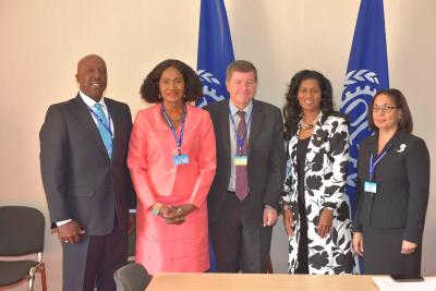 Caption: Director-General, International Labour Organization, Guy Rider (c) stands with representatives of the Caribbean Delegation including TT Minister of Labour and Small Enterprise Development, Senator the Honourable Jennifer Baptiste-Primus (2nd from left). (Photo courtesy the Ministry of Labour and Small Enterprise Development)