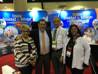 Caption: Prime Minister of St. Vincent and the Grenadines, the Honourable Dr. Ralph Everard Gonsalves (2nd from left) visits the Trinidad and Tobago booth. He was joined by (from left) Cruise Sector Specialist at the TDC, Mrs. Greer Assam; Chief Executive Officer of Carvalho’s Agencies, Charles Carvalho; and TDC’s Destination Marketing Specialist, Dahlia Mohammed. (Photo courtesy the Ministry of Tourism)