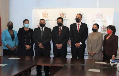 Minister of Agriculture, Land and Fisheries, Senator the Honourable Kazim Hosein (centre) is flanked by the: Ministers in the Ministry of Agriculture, Land and Fisheries, Senator the Honourable Nigel De Freitas (third from right) and Senator the Honourable Avinash Singh (third from left); Permanent Secretary (Ag.), Ms. Susan Shurland (second from right); Deputy Permanent Secretaries (Ag.), Ms. Coomarie Goolabsingh (second from left) and Ms. Ramdai Sookdeo (extreme right) and; Chief Technical Officer (Ag.), Ms. Gloria Brathwaite-Didier (extreme left), following a Handover and Prayer Invocation Ceremony which took place on Tuesday 22nd March, 2022 at the Ministry’s Head Office in Chaguanas.