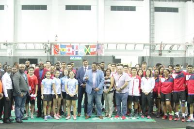 The Honourable Darryl Smith, Minister of Sport and Youth Affairs, The Honourable Esmond Forde, Member of Parliament for Tunapuna, Councilor Paul Leacock, Tunapuna Piarco Regional Corporation, Ms. Pilar Carrillo, Chief Operating Officer Pan American Badminton Confederation, Mr. Rahul Rampersad, President, Trinidad and Tobago Badminton Association and other Officials pose for a picture with the athletes at the opening of the PanAm Male & Female Continental Team Championships 2018.