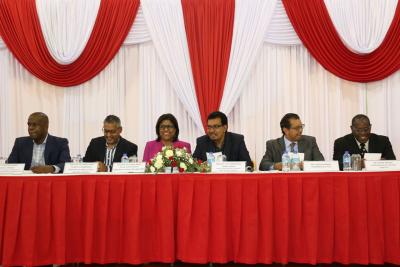 Caption: Members of the Head Table (L-R) Dr. the Honourable Lovell Francis, Minister of State in the Ministry of Education and Member of Parliament for Moruga/Tableland, Senator the Honourable Clarence Rambharat, Minister of Agriculture, Land and Fisheries; Senator the Honourable Paula Gopee-Scoon, Minister of Trade and Industry, Senator the Honourable Kazim Hosein, Minister of Rural Development and Local Government; Mr. Imtiaz Ahamad, Chairman, eTecK and Mr. Frank Barnes, CEO, UDECOTT. (Photo courtesy the Ministry of Trade and Industry)