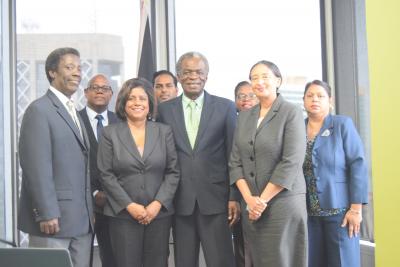 Caption: Senator the Honourable Paula Gopee-Scoon, Minister of Trade and Industry (2nd from left) and His Excellency Orville London, High Commissioner of the Republic of Trinidad and Tobago to London (2nd from right) are joined in the front row with the Ministry's Permanent Secretaries, Norris Herbert and Frances Seignoret. Also photographed is the Ministry's Executive Management team during their recent meeting. (Photo courtesy the Ministry of Trade and Industry)