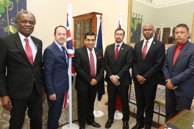 (Left to Right) His Excellency Orville London, High Commissioner for the Republic of T&T to the UK, His Excellency Tim Stew, High Commissioner for the UK to T&T, the Right Honourable, Lord Tariq Ahmad of Wimbledon, Minister of State for the Commonwealth and UN, the Honourable Stuart R. Young, Minister of National Security, Rear Admiral Hayden Pritchard, Chief of Defence Staff, T&T Defence Force and Mr Gary Griffith, Commissioner of Police, T&T Police Service