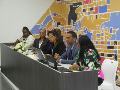 Caption: Simone Thorne-Mora, Permanent Secretary, Ministry of Housing and Urban Development (centre) chairs the Networking Session with representatives from Small Island Developing States (SIDS). To her right is Marie Hinds, Director (Ag.), Town and Country Planning Division. (Photo courtesy the Ministry of Housing and Urban Development)