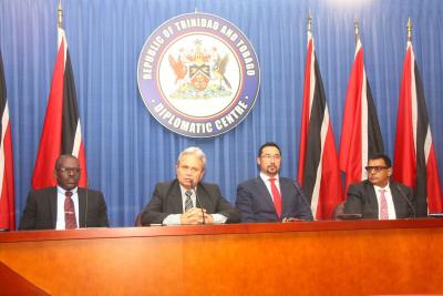 Photo Caption: Addressing the media at this week's Post Cabinet Press Briefing; (L-R) The Honourable (Retired) Major General Edmund Dillon, Minister of National Security; The Honourable Colm Imbert, Minister of Finance; The Honourable Stuart Young, Minister in the Office of the Prime Minister and Minister in the Ministry of the Attorney General and Legal Affairs; and Senator the Honourable Rohan Sinanan, Minister of Works and Transport. (Photo Courtesy: Office of the Prime Minister)