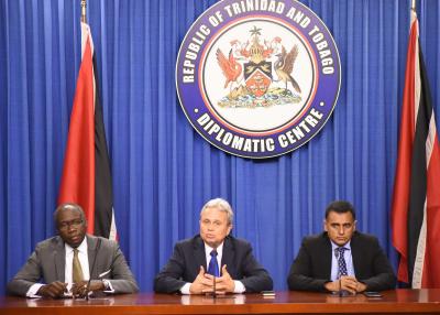 Photo Caption: (L-R) The Honourable Maxie Cuffie, Minister of Public Administration and Communications; the Honourable Colm Imbert, Acting Prime Minister and Minister of Finance; and Senator the Honourable Rohan Sinanan, Minister of Works and Transport address the media at the weekly Post Cabinet Press Briefing. (Photo Courtesy: Office of the Prime Minister)