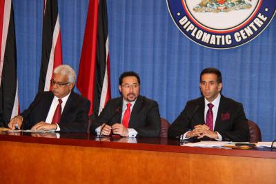Photo Caption: (L-R) The Honourable Terrence Deyalsingh, Minister of Health; The Honourable Stuart Young, Minister in the Office of the Prime Minister and Minister in the Ministry of the Attorney General and Legal Affairs; and the Honourable Faris Al-Rawi, Attorney General, address the media at the Post Cabinet Press Conference. (Photo Courtesy: The Office of the Prime Minister)