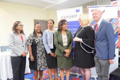 From left: Ms Vashti Guyadeen, General Manager TTCSI, Ms. Allyson Francis Services Specialist, Caribbean Export Development Agency, Ms. Sanya Alleyne Technical Trade Advisor, GIZ, Minister of Trade and Industry Senator the Honourable Paula Gopee-Scoon, Ms Lara Quentrall-Thomas President of the TTCSI and Representative from the Delegation of the European Union to T&T Mr. Ulrich Thiessen at the Opening of Creative and Cultural Industries Workshop at the Trinidad Hilton on March 27, 2019.