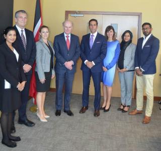 (L-R): Mrs Vyana Sharma, Senior Legal Counsel, AGLA; Mr Ian Richardson, Criminal Justice Advisor, British High Commission; Ms Maia Hibben, Executive Officer to the Criminal Justice Adviser, British High Commission; Sir Anthony Hart, QC; the Honourable Faris Al-Rawi, Attorney General and Minister of Legal Affairs, AGLA; Ms Caroline Alcock, British Deputy High Commissioner; Mrs Farzana Nazir-Mohammed, Senior Legal Counsel and Mr Jason Dass, Legal Officer I, AGLA.