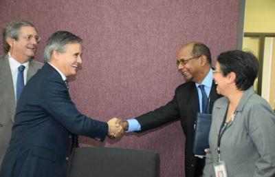Caption: -R-Chilean Ambassador Fernando Schmidt Ariztía; Chief of the Horizontal South-South Cooperation Division Mr. Eugenio Pössel; Mr. Terry Mohomed, Assistant Director at the Technical Cooperation Unit and Permanent Secretary Mrs. Joanne Deoraj of the Ministry of Planning and Development. (Photo Courtesy Ministry of Planning & Development)