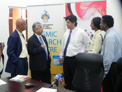 Caption: Talking about earthquakes- (L-R) Dr. Richard Robertson, Director of the UWI Seismic Research Centre; Senator Dr. the Honourable Bhoendradatt Tewarie, Minister of Planning and Sustainable Development; Dr. Walter Salazar, Earthquake Engineer/Project Supervisor; Dr. Joan Lutchman, Acting Director of the UWI SRC and Mr. Clint Ramcharan, Deputy Permanent Secretary of the Ministry of Planning and Sustainable Development. (Photo courtesy the Ministry of Planning and Sustainable Development)