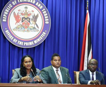 Caption: Present at the Post Cabinet Press Briefing of March 31: (l-r) Minister of Labour and Small Enterprise Development, Senator the Honourable Jennifer Baptiste-Primus; Minister of Sport and Youth Affairs, the Honourable Darryl Smith; and Minister of Public Administration and Communications, the Honourable Maxie Cuffie.