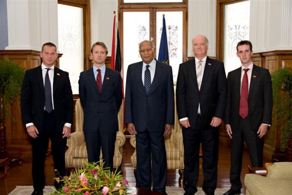 Left to right are Glen Jones, Second Secretary British High Commission; His Excellency British High Commissioner Arthur Snell; His Excellency President George Maxwell Richards; Robert Geoffrey Bland, Criminal Justice Advisor British High Commission and James Dolan, Political Officer of the British High Commission. Left to right are Glen Jones, Second Secretary British High Commission; His Excellency British High Commissioner Arthur Snell; His Excellency President George Maxwell Richards; Robert Geoffrey Bland, Criminal Justice Advisor British High Commission and James Dolan, Political Officer of the British High Commission.