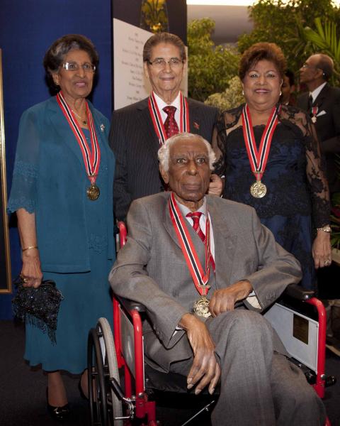 Recipients of the Order of Republic of Trinidad and Tobago, the nation's highest award are left to right back row Zalayhar Hassanali; Anthony Norman Sabga and Helen Bhagwansingh. At front is Ulric Cross