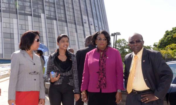 Acting Prime Minister and Minister of Works and Infrastructure Jack Warner at the site of the National Academy for the Performing Arts (NAPA) South facility. Others in photo left to right are Permanent Secretary in the Ministry of Works and Infrastructure Cheryl Blackman; Minister in the Minister of Works and Infrastructure Stacy Roopnarine and San Fernando Mayaro Marlene Coudray